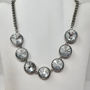Clear Rivoli Style Glass Rhinestones Silver Tone Chain Necklace Statement Chunky